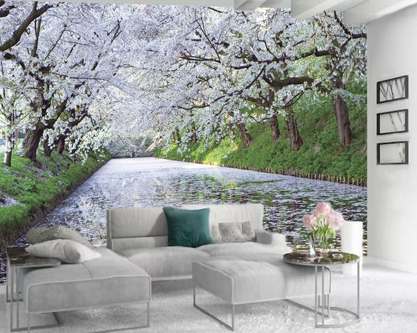 Пользовательские 3d пейзаж обои Цветок номер 3d обои Белый Цветы Река Романтический пейзаж 3d обои Mural