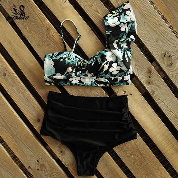 

high waist bikini set 2020 one shoulder ruffle swimsuit women swimwear printed bather beach wear biquini female, Black