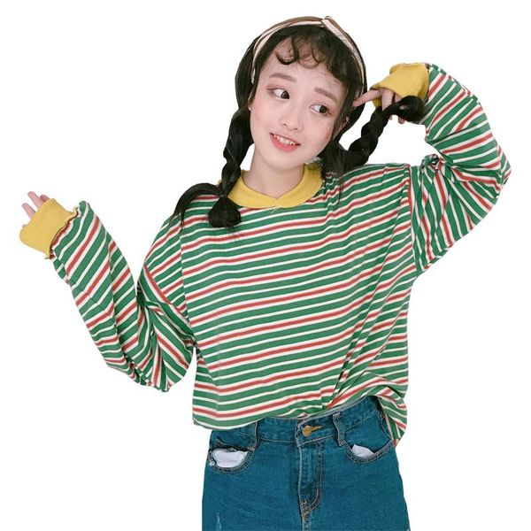 

2021 women's japan punk harajuku ulzzang korean stripe lapel loose hooded cotton vintage ladies clothes female women cute tunic, White