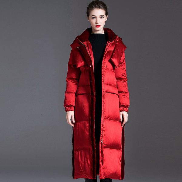 

women's winter runway down coats hooded collar long sleeves white duck down velvet patchwork warm parkas outerwear long overcoats, Black