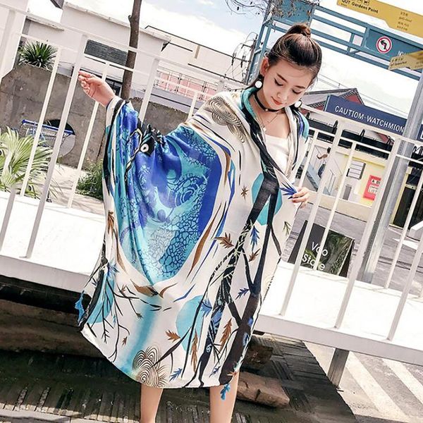 

summer beach travel scarf shawl women tassel printing large luxury shawl scarf seaside holiday sunscreen retro, Blue;gray