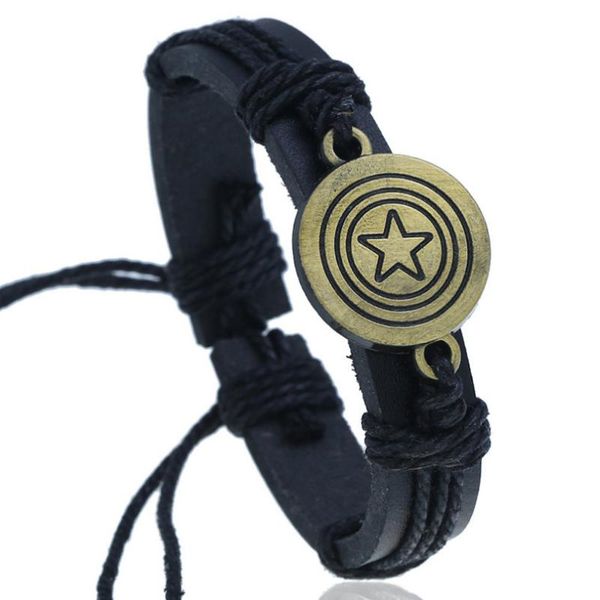 

charm bracelets fashion punk star genuine leather bracelet vintage black brown wristbands alloy retro bangle wrap women men hiphop jewelry, Golden;silver
