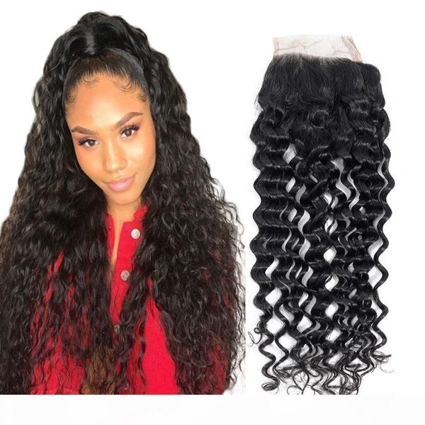 

unprocessed water wave closure one piece brazilian water wave human hair closure part middle part three part nature color, Black;brown