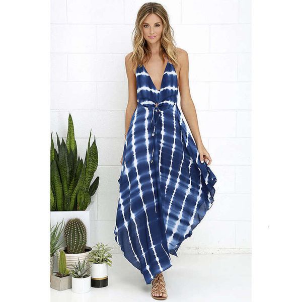 

v-neck wind digital print open deep back beach irregular dress, Black;gray