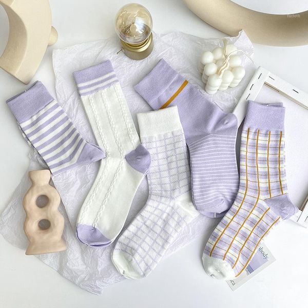 

fashion style cotton socks women's socks cotton harajuku ladies vintage purple plaid stripes grids tube sock sox1, Black;white