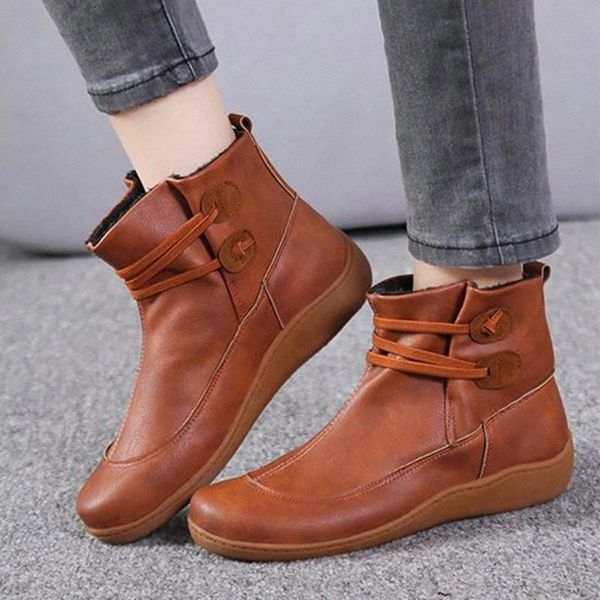 

plus size 35-43 women ankle boots leather plush snow shoes for woman 2020 winter botas retro mujer fashion flat booties 8475n #pt4x, Black
