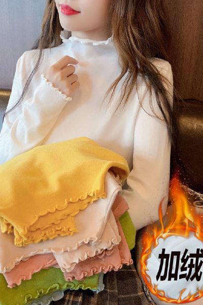 

tall 2021 turtleneck wooden ear edge velvet back shirt for the autumn and new female winter dress long sleev 1 7py3, White