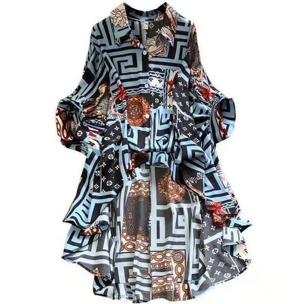 

spring 2021 female designer boutique chiffon shirt temperament front short back long dovetail loose cover belly floral blouse -4xl chiffon, White