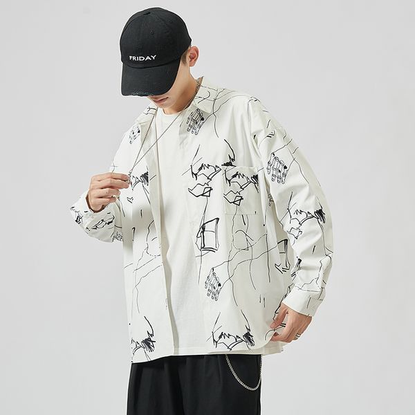 

2021 brand spring autumn long sleeves new print white black collar korea style shirt for men's clothing iv4j