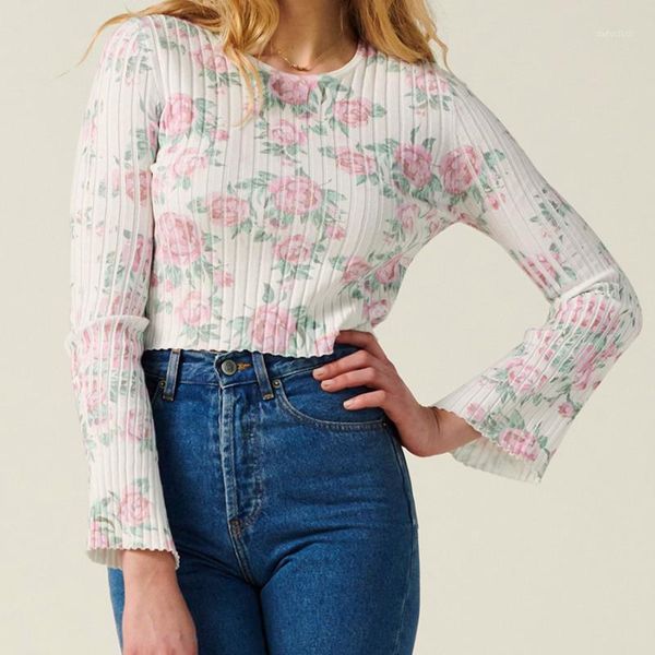 

women sweater new fall/winter 2020 knitted fashion casual retro rose print cotton knitwear long sleeve pullover 1, White;black