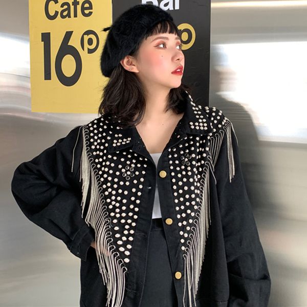 

tassel rivet denim jacket women autumn spring black cool outwear jackets streetwear punk 2020 long sleeve loose y269, Black;brown