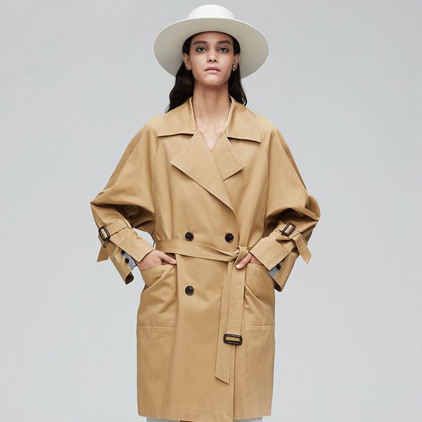 

2021 new fashion fall double breasted female belt trench streetwear chic jacket loose coat pkq5, Tan;black