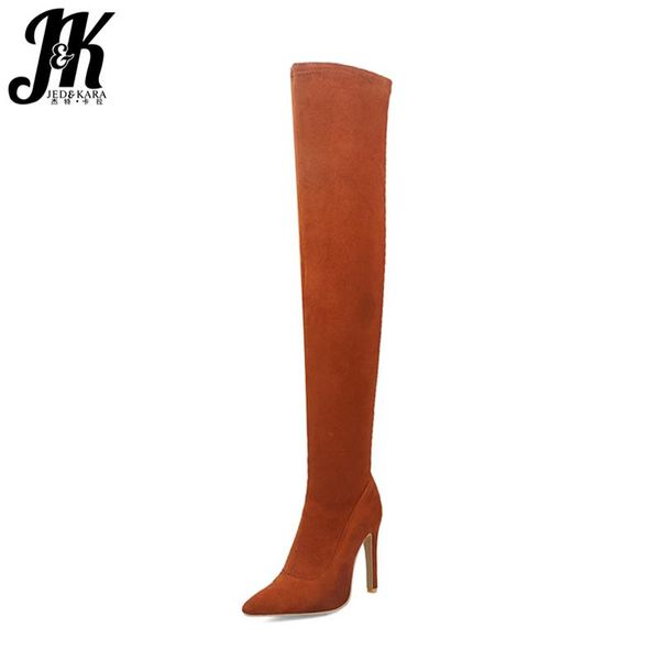 

jk autumn over the knee high heels women stretch boots pointer toe footwear short plush winter boots 2020 stiletto female shoes, Black