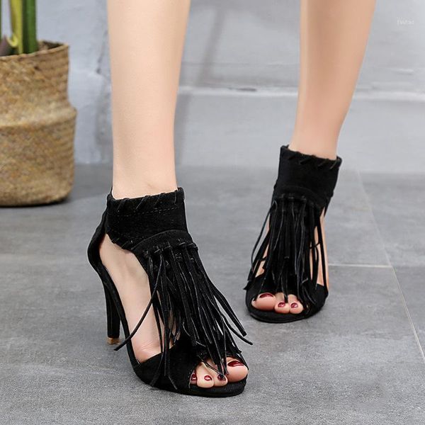 

high heel sandals women 2020 summer new roman shoes tassel fish mouth wine glass heel sandals women1, Black