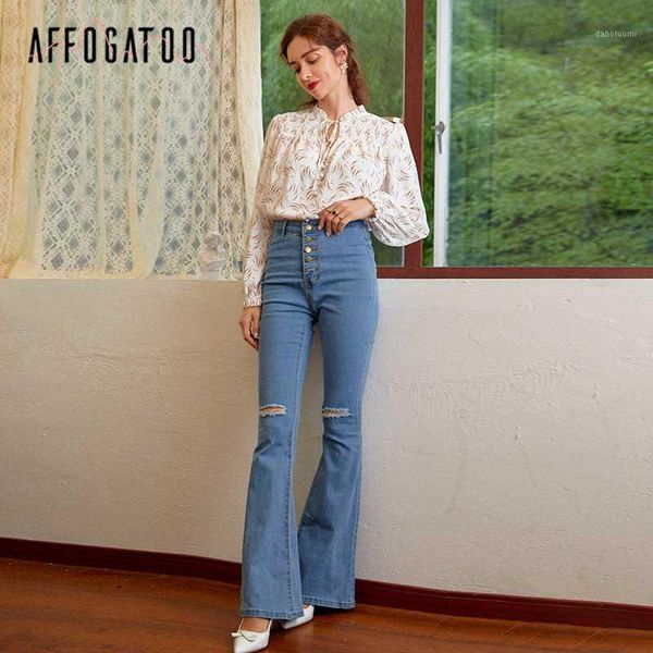 

affogatoo solid color retro flared pants slim high waist button micro elastic jeans summer fashion street casual pants 2020 new1, Blue