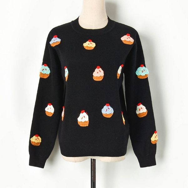 

new 2021 designer of beautiful women's bluffs from cartoons cakes feast embroidery malha pullovers high street female christmas 3yfj, White;black