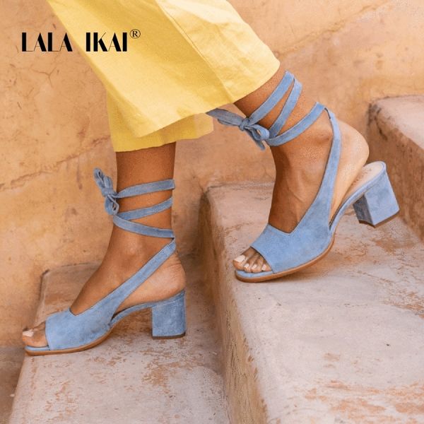

lala ikai summer women's sandals peep toe square high heels shoes plus size lace-up zapatos de mujer xwc6786-4 y200323, Black