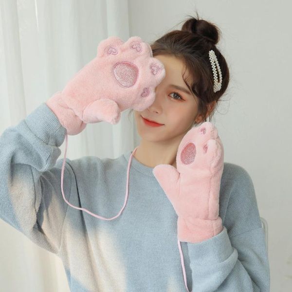 

five fingers gloves 2021 cute cat fluffy all warm soft plush glove women winter wear christmas gifts, Blue;gray