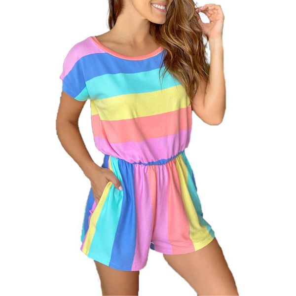 

summer playuits womens jumpsuit rainbow striped round neck short sleeve jumpsuit female bodysuit for women costume, Black;white