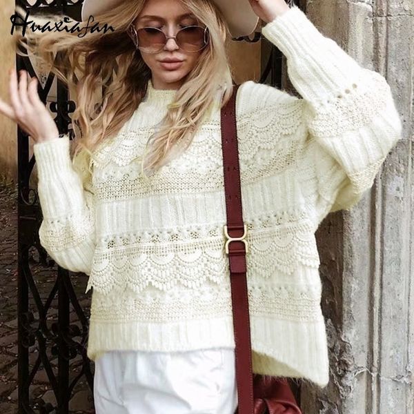 

huaxiafan solid sweater turtleneck pullovers white batwing long sleeve female hollow out autumn loose elegant women pull y200720, White;black