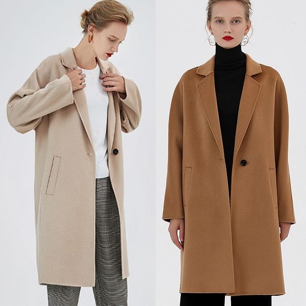 

comfortable long autumn winter coat women wool blends coat fashion slim brown/beige color cashmere girls woolen fabric coats 201031, Black