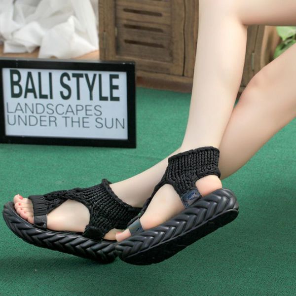 

women gladiator sandals summer flat wool shoes thick-bottomed knitting sandals solid ladies platform sandalias zapatos mujer, Black