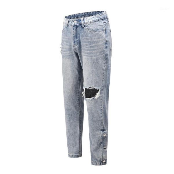 

men's jeans ripped distressed destroyed slim fit straight leg denim breasted pants1, Blue