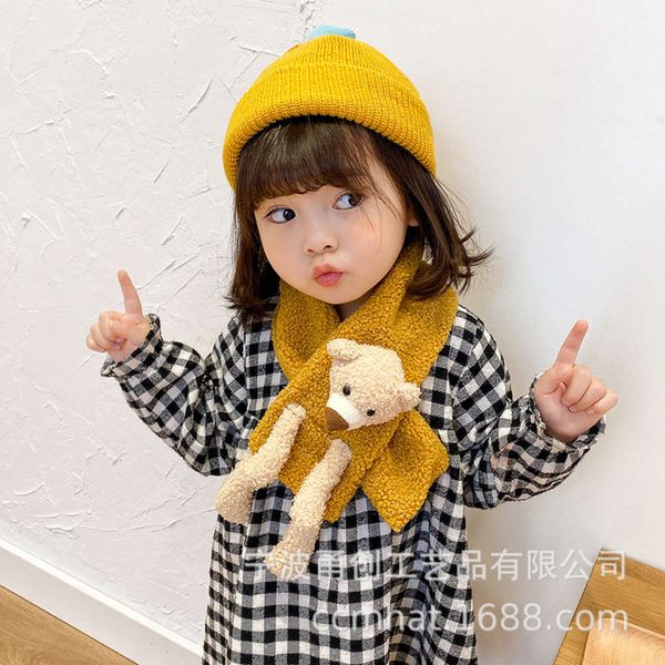 

cute 2020 korean winter children's new autumn and baby's neck imitation teddy plush cartoon animal scarf, Red;brown