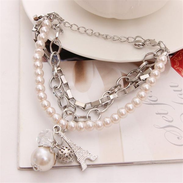 

zoshi silver plated chains bracelet jewelry for women simulated pearl beads multi layers bracelet bangles charm, Black