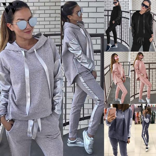 

women tracksuit autumn hooded sets long sleeve hoodies coats long pants two piece matching sets autumn sport fitness suit, Gray