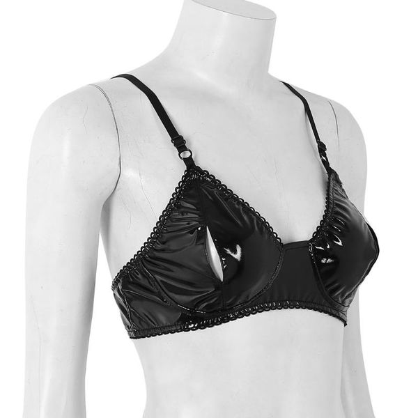 

Womens Adjustable Spaghetti Straps Open Cup Bra Hole Lingerie Clubwear Faux Leather Vintage with Nipple Splits Bra Top, Red;black