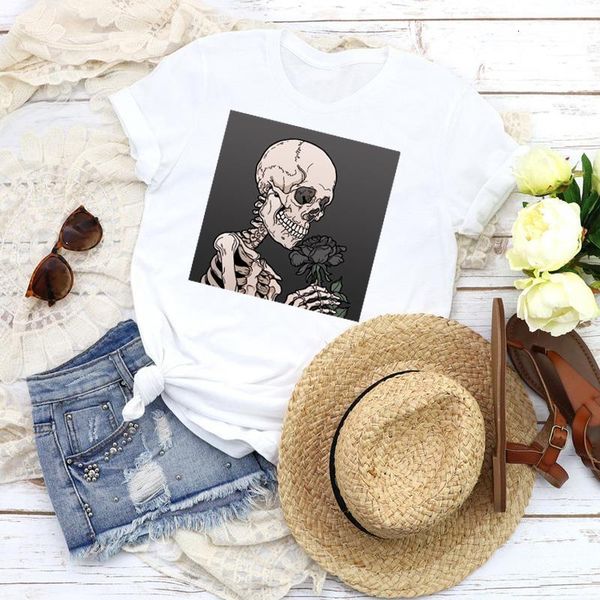 

women graphic skull horror flower floral halloween cartoon 90s print tees clothing female t shirt shirt womens t-shirt, White