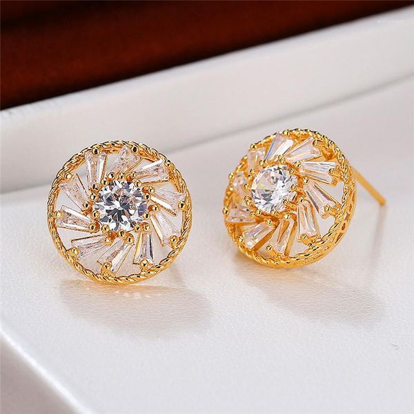 

stud korean female round crystal stone earrings cute druzy sun flower white for women rose gold silver wedding1, Golden;silver