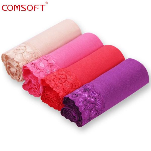 

comsoft 4pcs/pack panties for women lace women's underwear mid-rise solid color modal cotton women's briefs, Black;pink