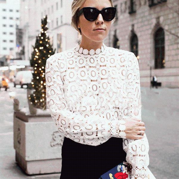 

elegant floral lace blouse shirt women lantern sleeve white blouse spring summer hollow out blusas ho800442