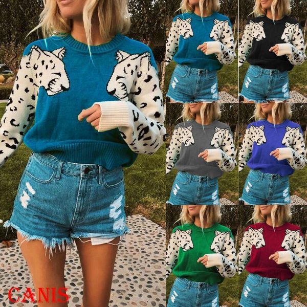 

fashion womens knitted sweaters long sleeve cheetah head print splice ladies letter casual knitwear loose jumper pullover, White;black