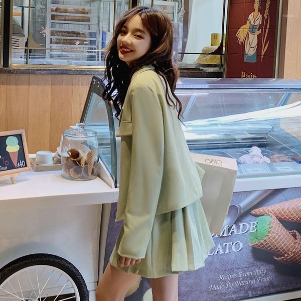 

2020 spring and autumn new youth popular solid color suit suit women fashion casual skirt single-breasted green / black1, White;black