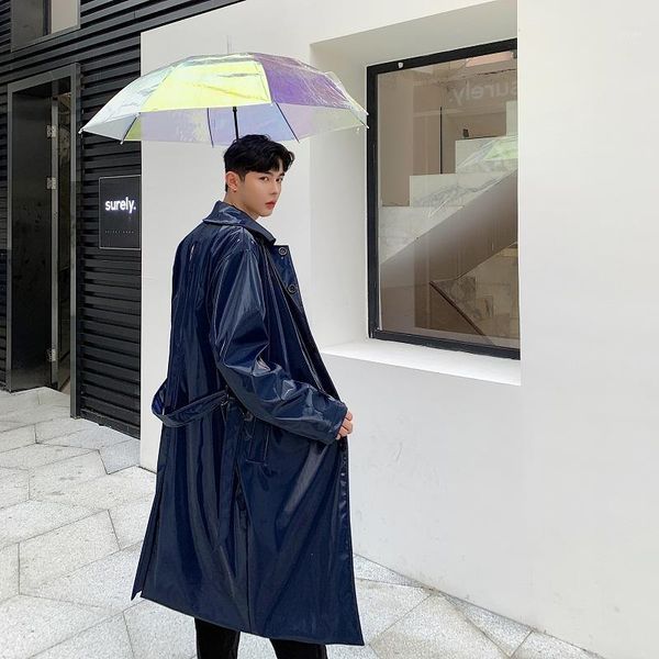 

men punk overcoat bright shining loose casual belt long trench coat male streetwear hip hop windbreaker jacket stage clothing1, Tan;black