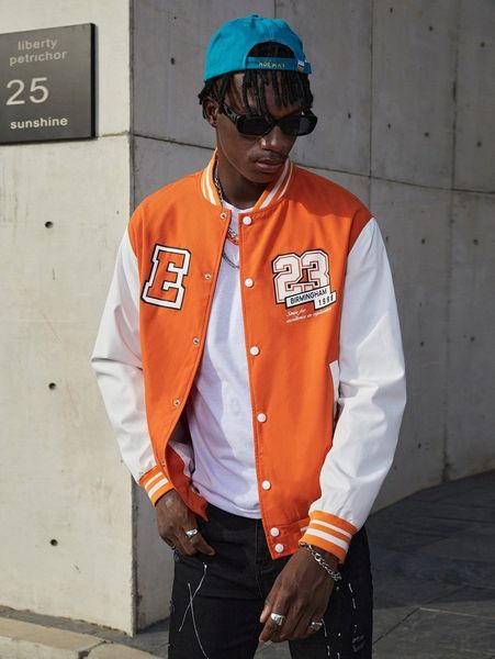 

men slogan graphic color block striped trim bomber jacket b5tr#, Black;brown