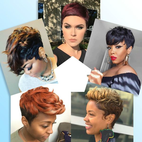 

lace front human hair wigs short pixie cut fashion wig blonde wig ombre wavy wig for women brazilian remy, Black;brown