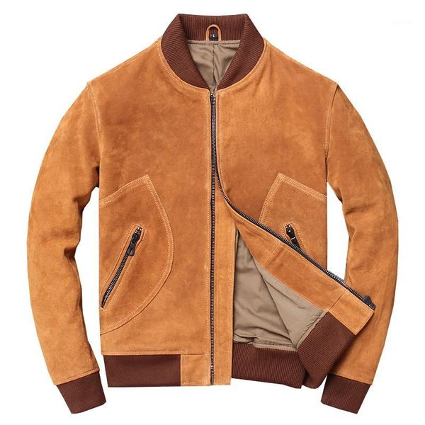 

bonjean men's baseball uniform casual real leather jacket men cowhide genuine leather coat zipper yellow slim fit m-4xl1, Black;brown