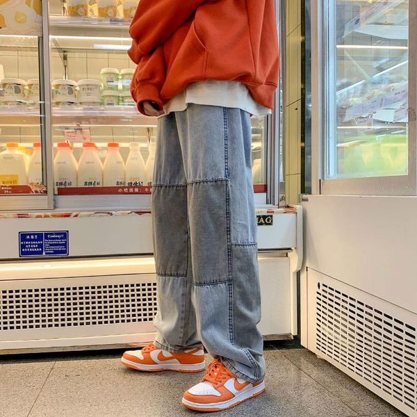

men's jeans 2021 spring and autumn contrast stitching straight loose ins trendy denim trousers washed wide-leg pants, Blue