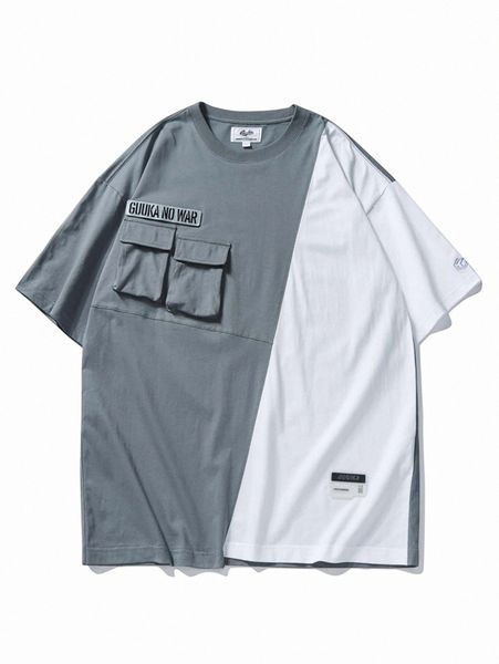 

men patch detail flap pocket colorblock tee 2695#, White;black