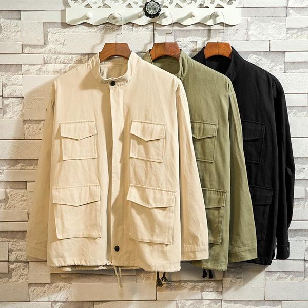 

2021 spring new style men's japanese-style students tooling jacket stand collar loose jacket, Black;brown