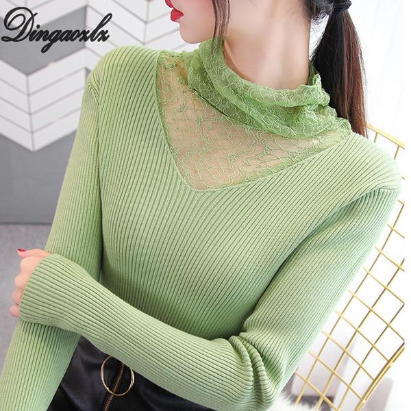 

dingaozlz autumn winter turtleneck sweater shirt patchwork lace slim long sleeve women knitted pullovers, White;black
