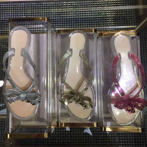 

black summer nude jelly color women flip flops slippers flat sandals bow rivet fashion pvc crystal beach shoes with box 35-41 silver slipper