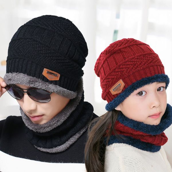 

in autumn and winter with velvet cap men children knitted cap and neck two sets winter ear protector parent-child wool hat, Blue;gray