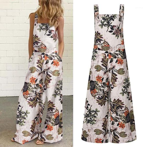 

casual loose wide leg playsuits vintage floral print rompers women long jumpsuits vonda 2020 summer sleeveless straps s-5xl1, Black;white