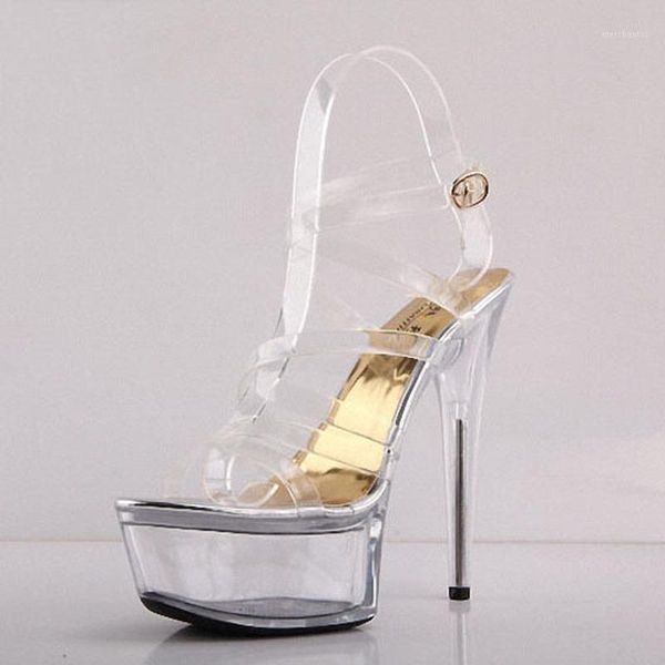 

mclubgirl 15cm heels round head ultra-high heel all transparent crystal roman openwork all round platform sandals lyp1, Black