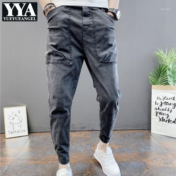 

summer mens casual elastic waist joggers denim pencil pants hip hop jean harem pants streetwear ankle length man jeans plus size1, Blue